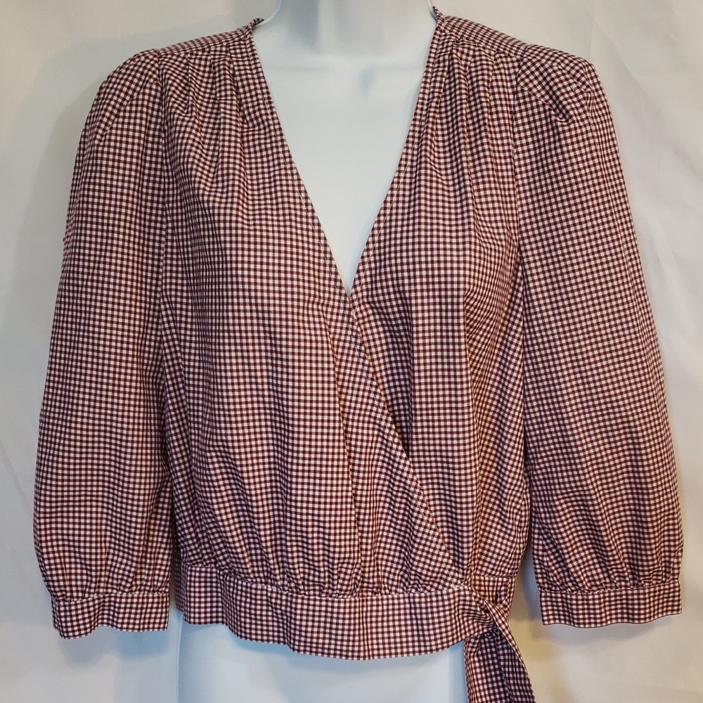 Madewell Red and White Wrap Blouse with Puff Sleeves